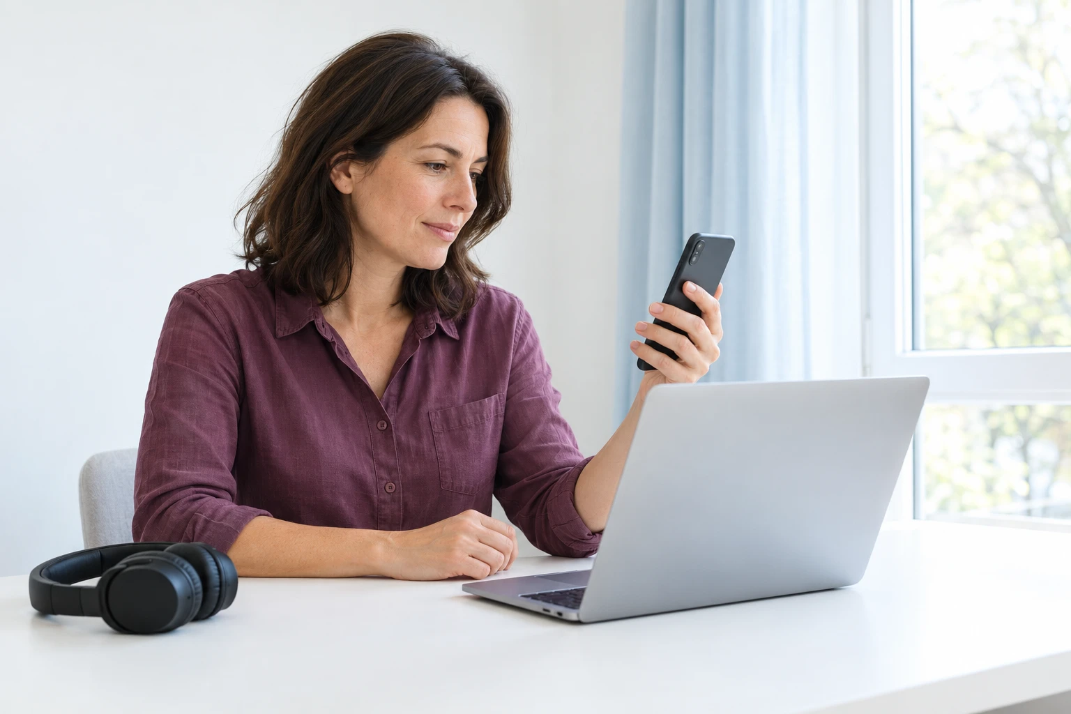 A shopper checking her phone beside a laptop and headphones in daylight