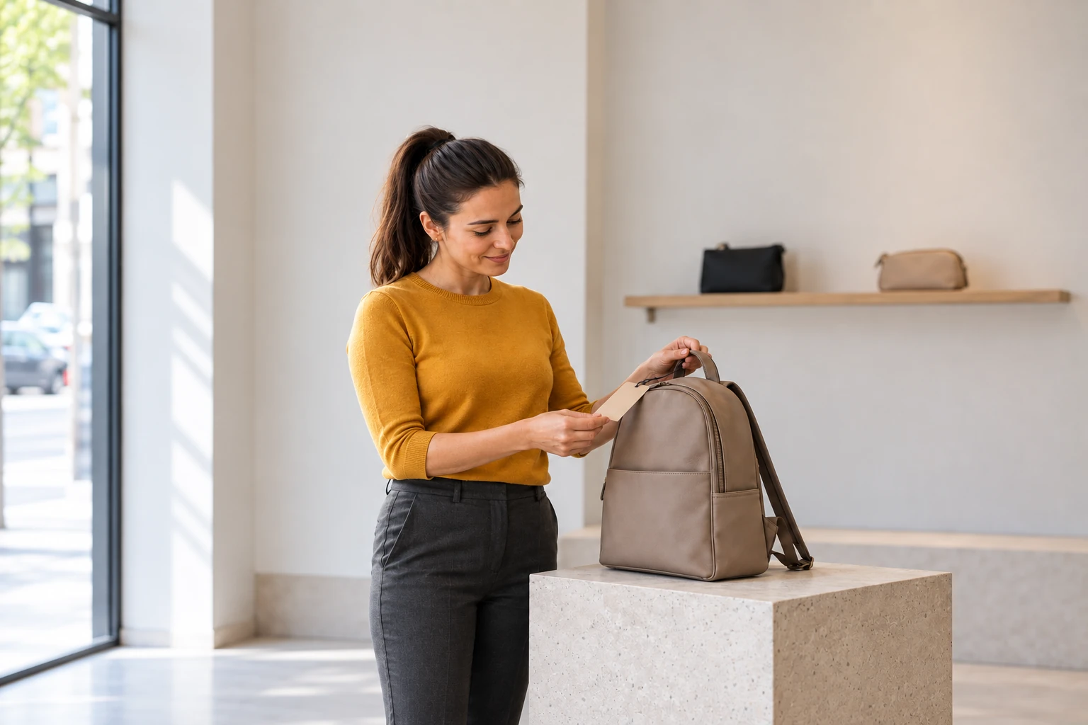 A shopper checking the information tag on a backpack in a calm accessories shop