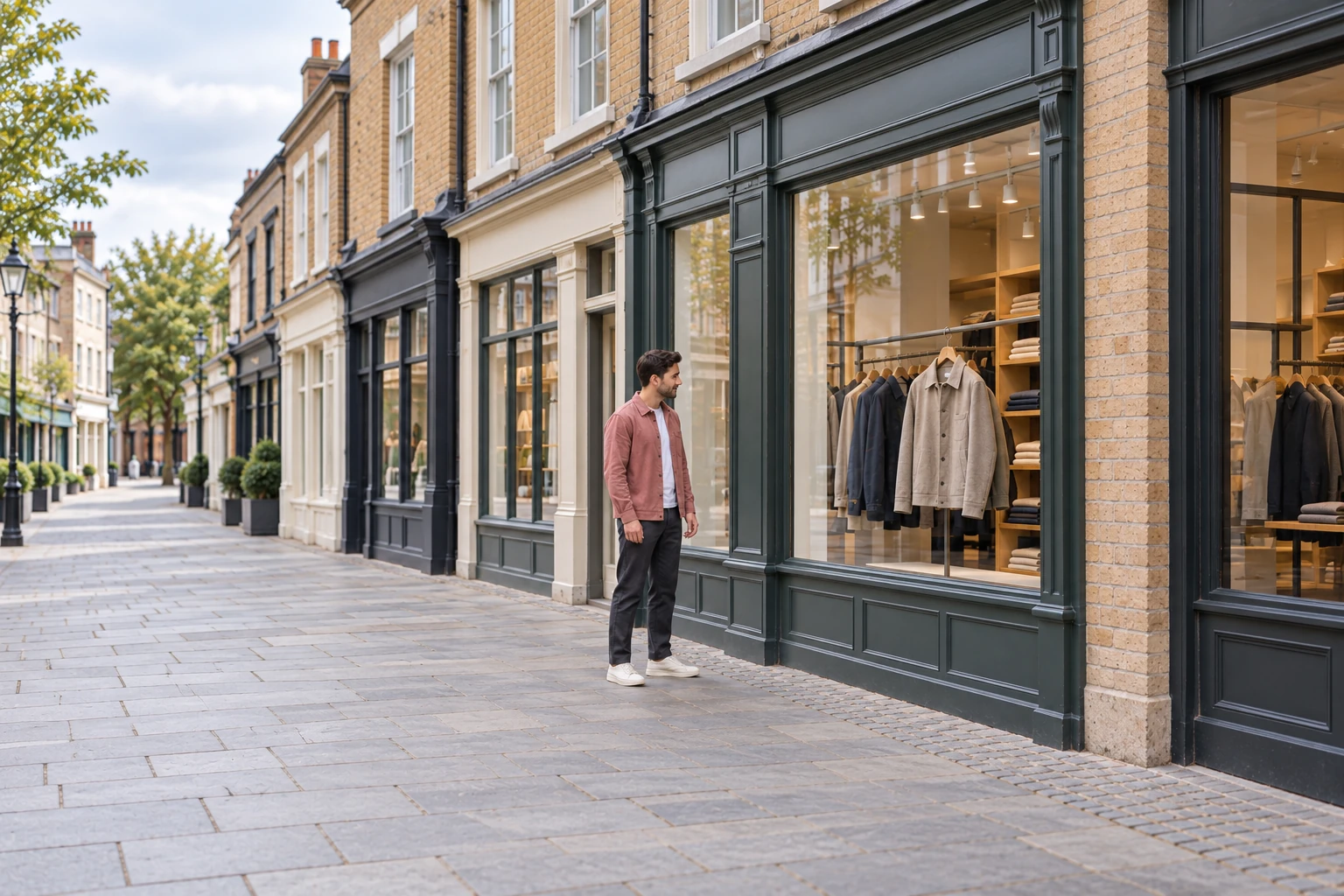 A shopper considering a jacket in a quiet high-street shop window
