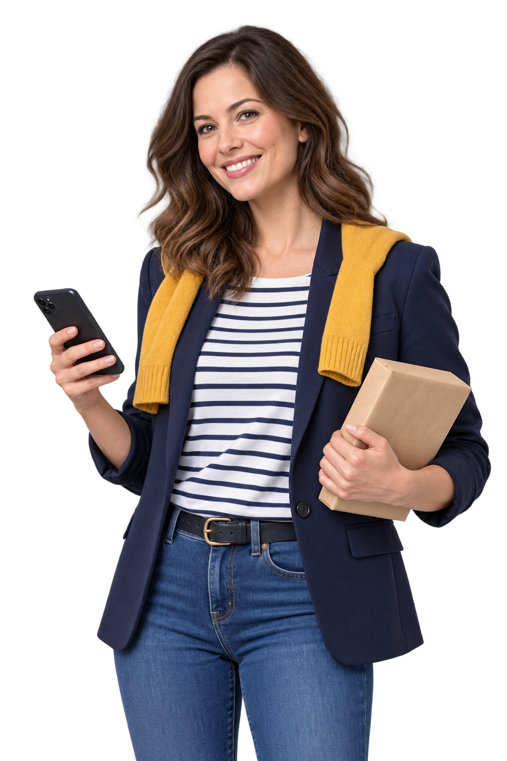 A shopper holding a phone and parcel