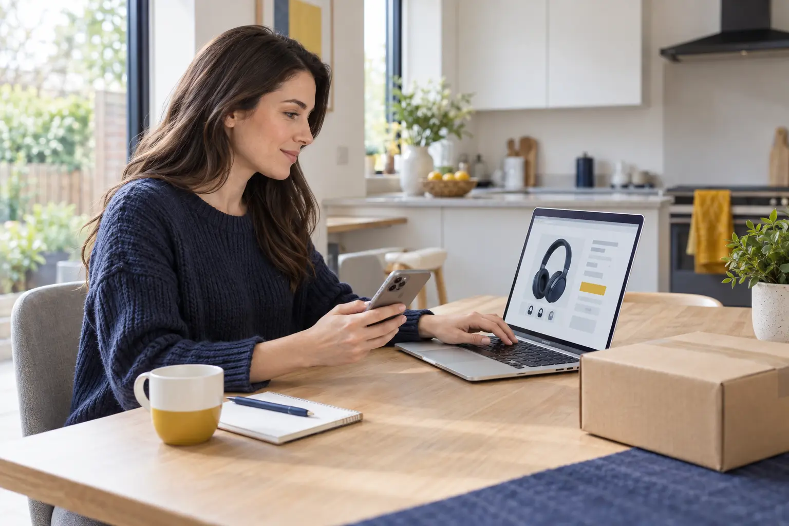 A shopper comparing headphones on a laptop while holding her phone