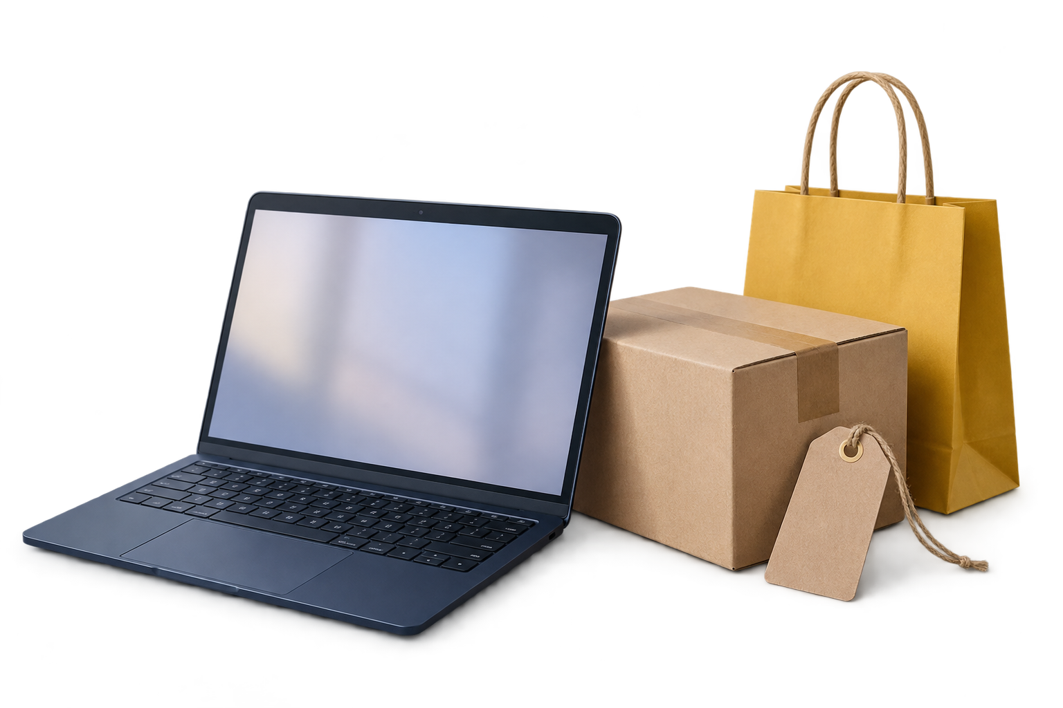 Laptop, parcel and shopping bag representing product comparison partnerships