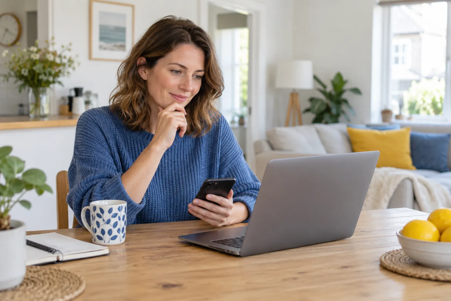 A shopper using a phone and laptop to compare products at home