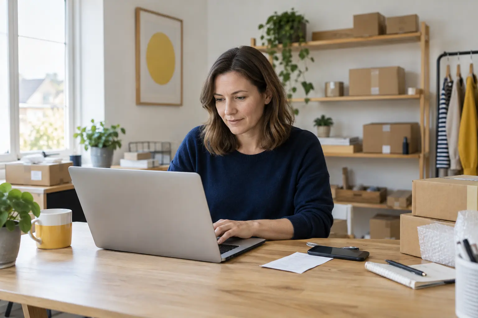 A small retailer reviewing online orders at a laptop