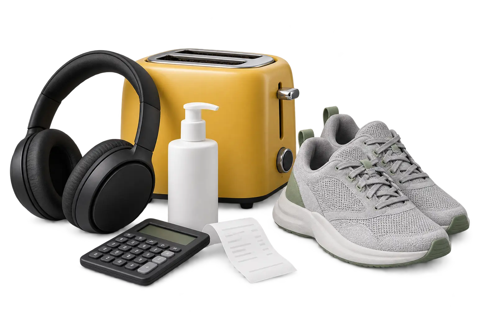 Headphones, toaster, trainers, skincare, calculator and receipt representing total-cost checks