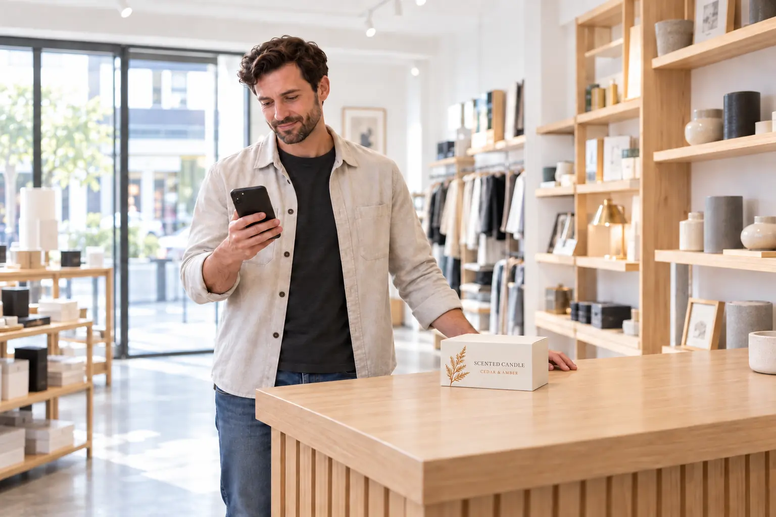 A shopper checking a phone beside a labelled scented candle carton in a bright retail shop