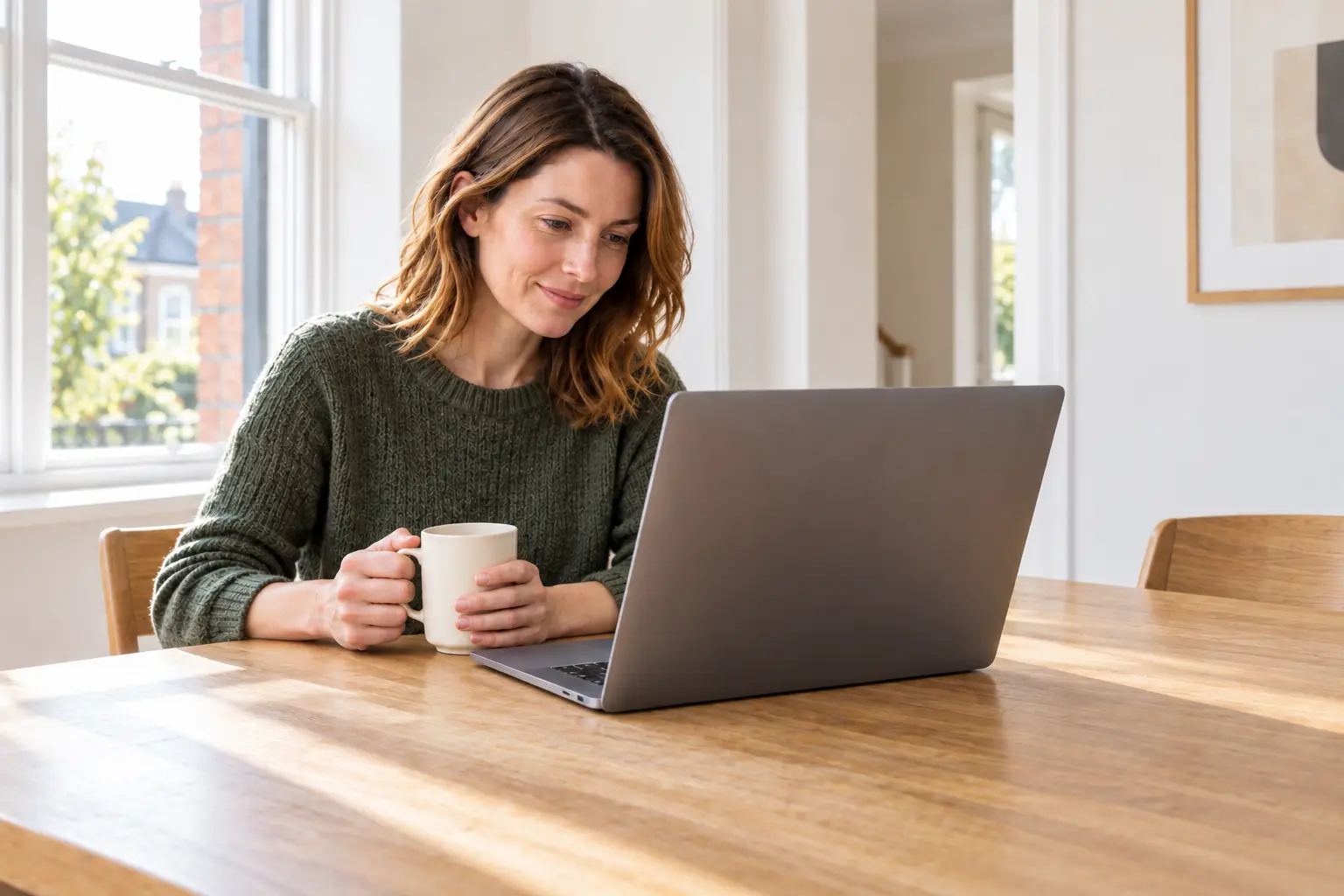 A shopper holding a cream mug with both hands while comparing retailer listings on an opaque laptop at a bright oak table
