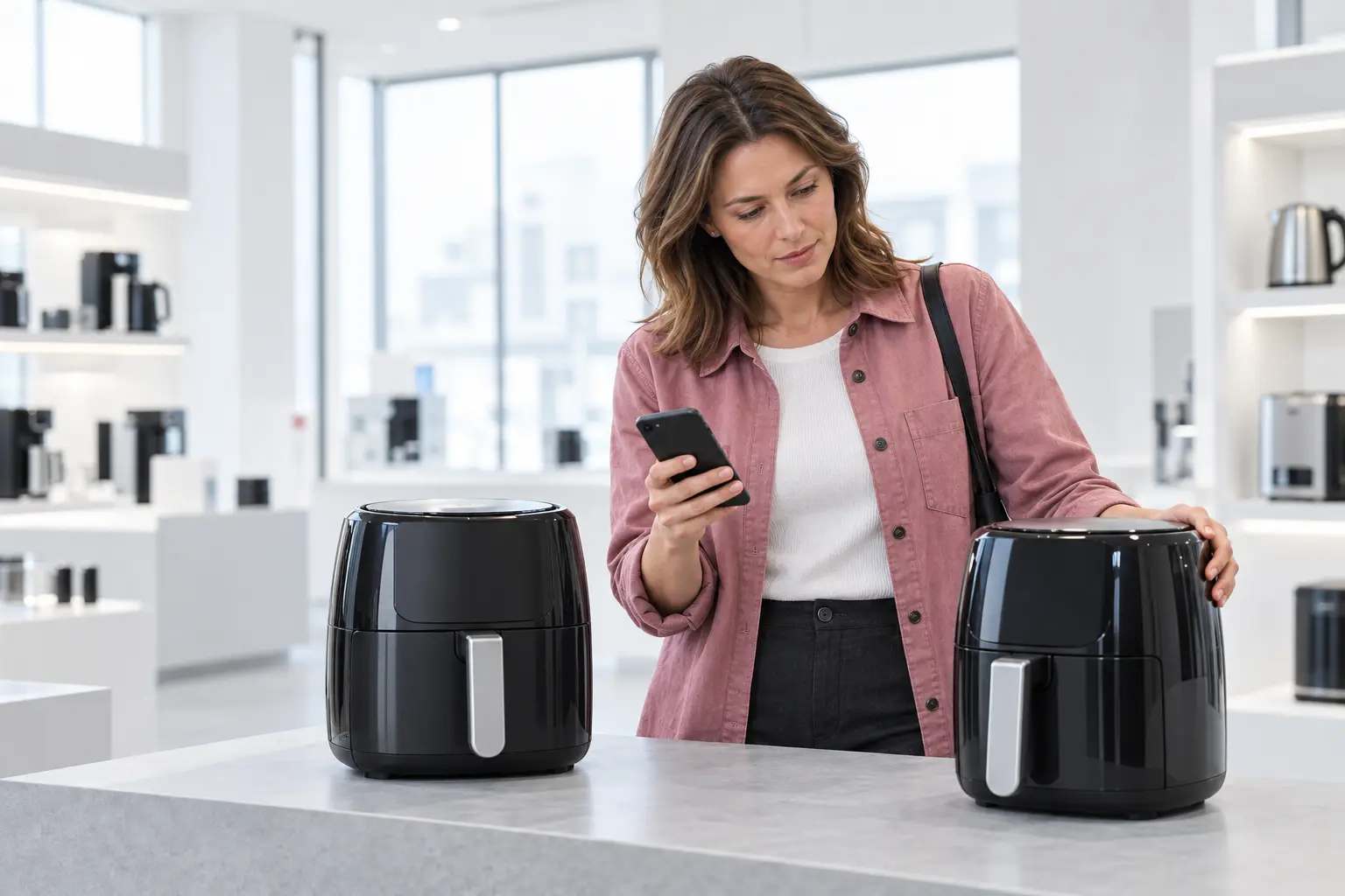 A shopper comparing two similar air fryers in a bright appliance store