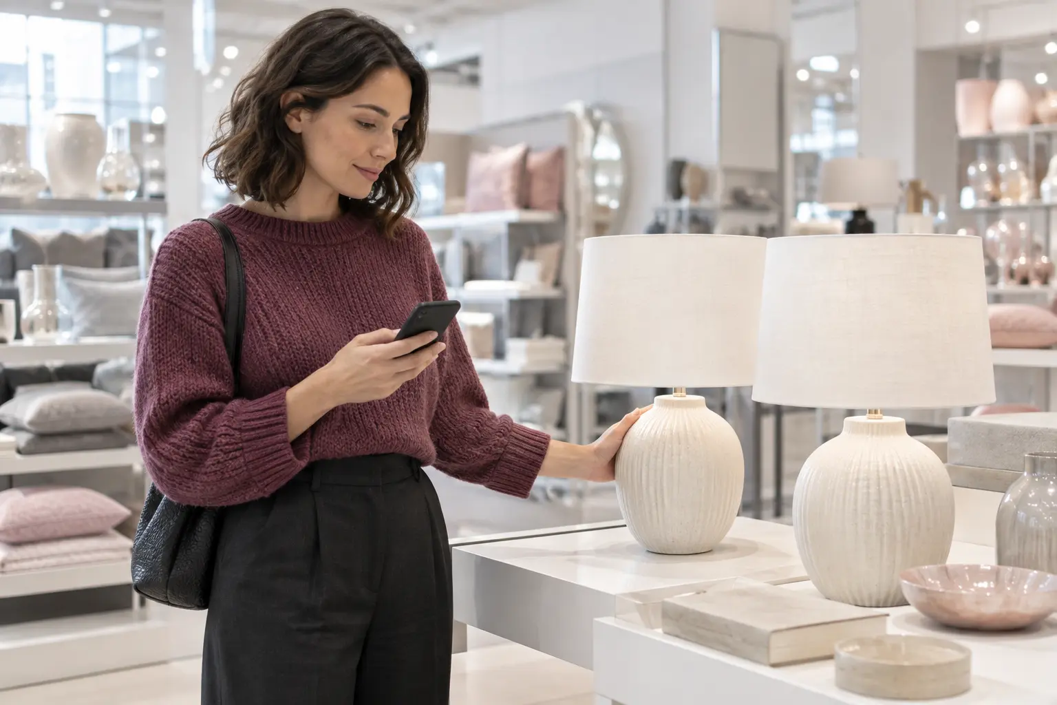 A shopper comparing two similar table lamps in a bright homeware store