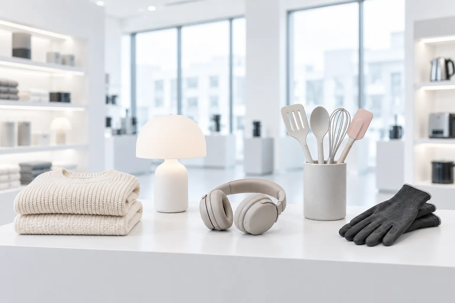 A bright store display with products from several shopping categories