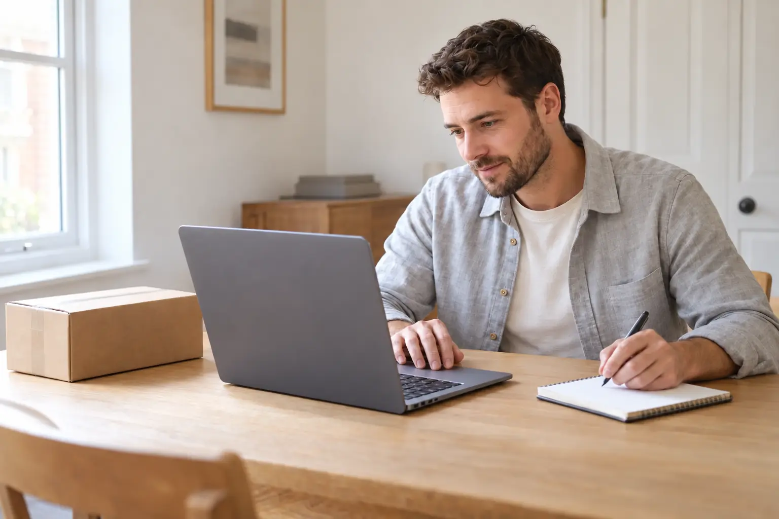 A shopper comparing retailer listings on a laptop and making notes beside a parcel