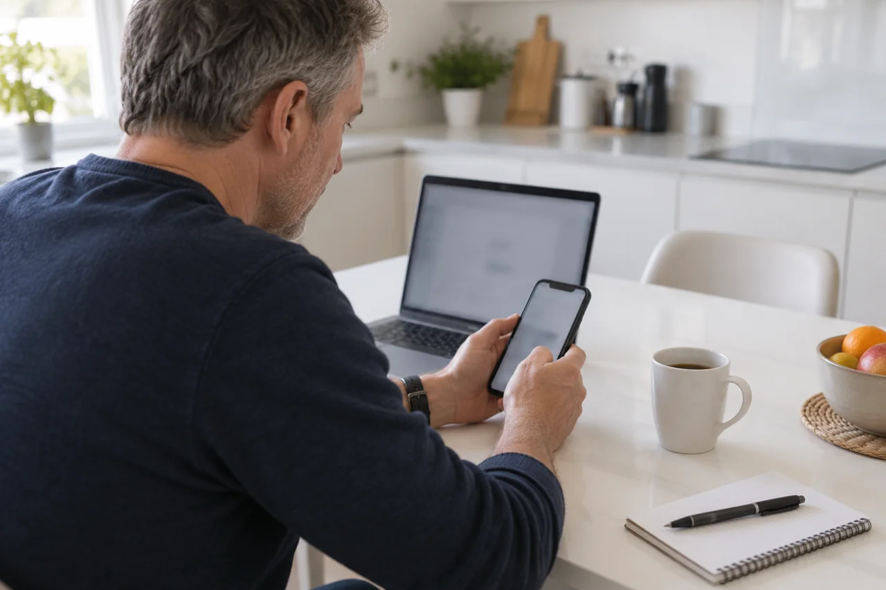 A shopper checking a product on a phone and laptop at home