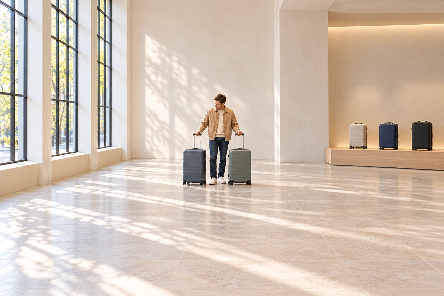 A shopper comparing two suitcases in a luggage shop