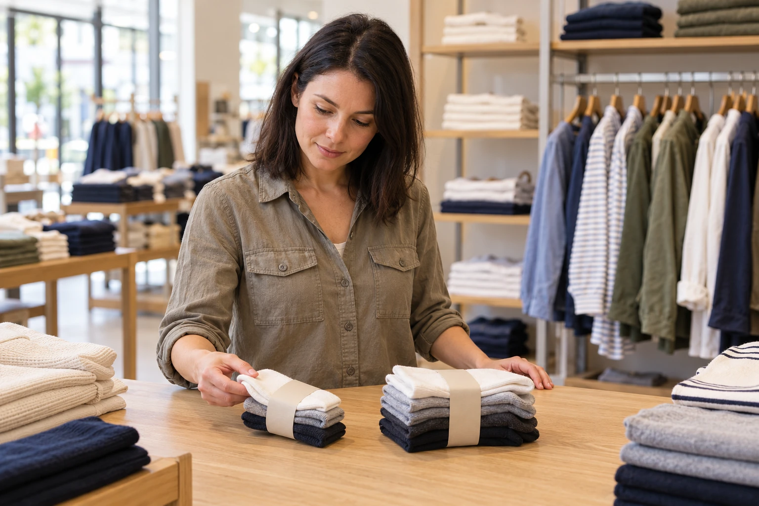 A shopper comparing two packs of cotton socks in a clothing shop