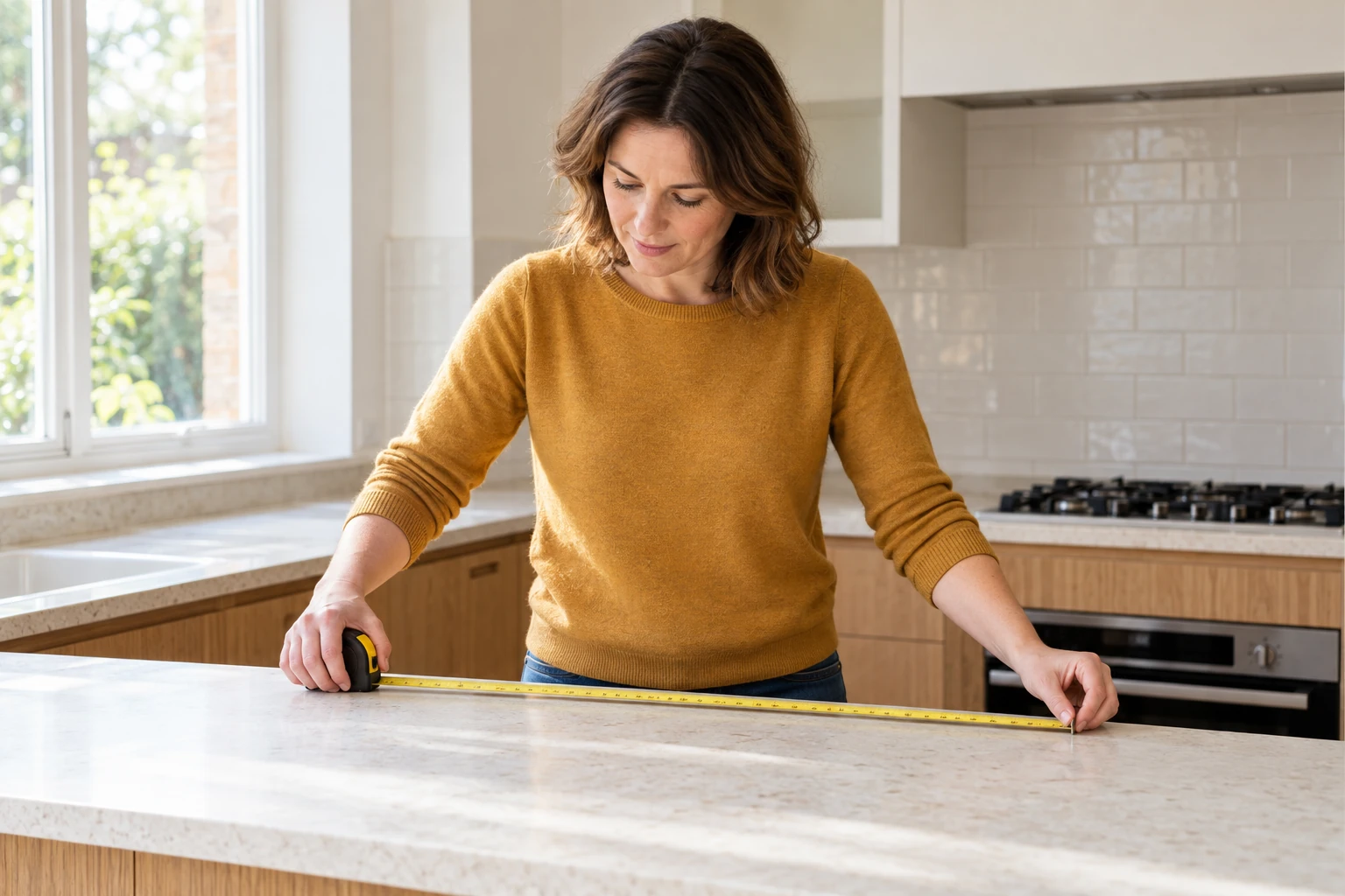 A shopper measuring kitchen worktop space with a tape measure