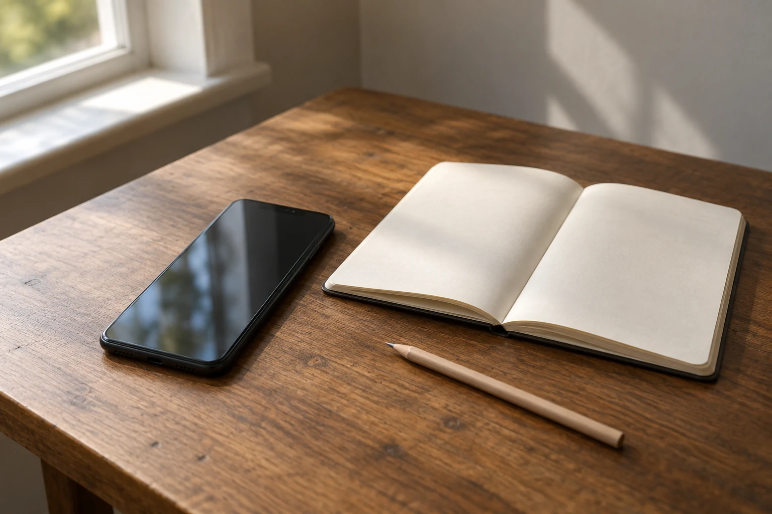 Smartphone beside an open blank notebook and pencil on a sunlit wooden table