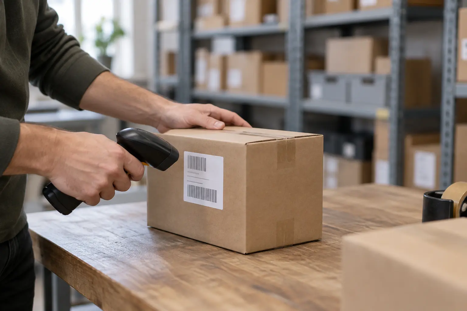 A stockroom worker scanning a barcode label on a plain parcel