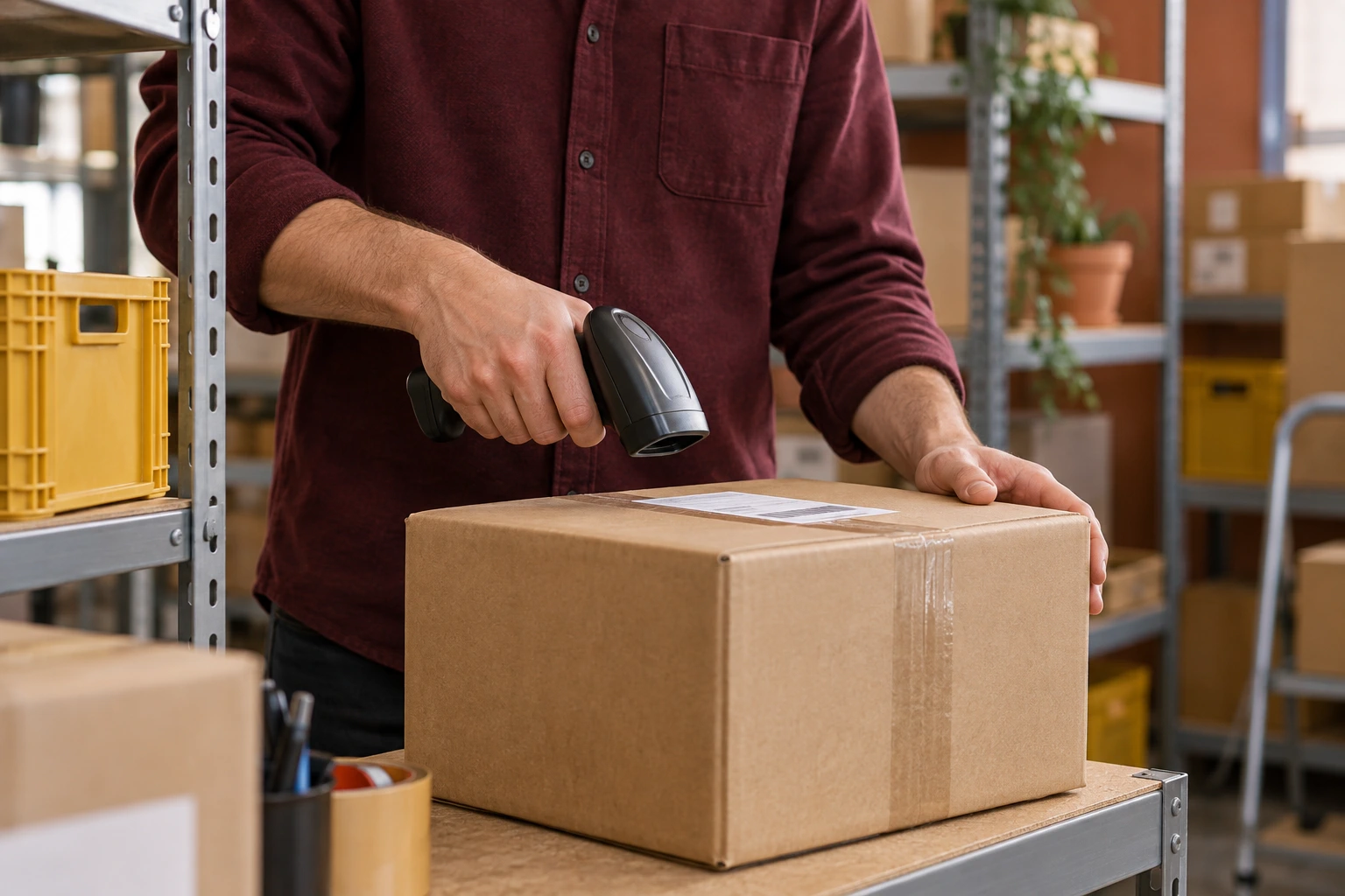A stockroom worker in a burgundy shirt scanning a parcel