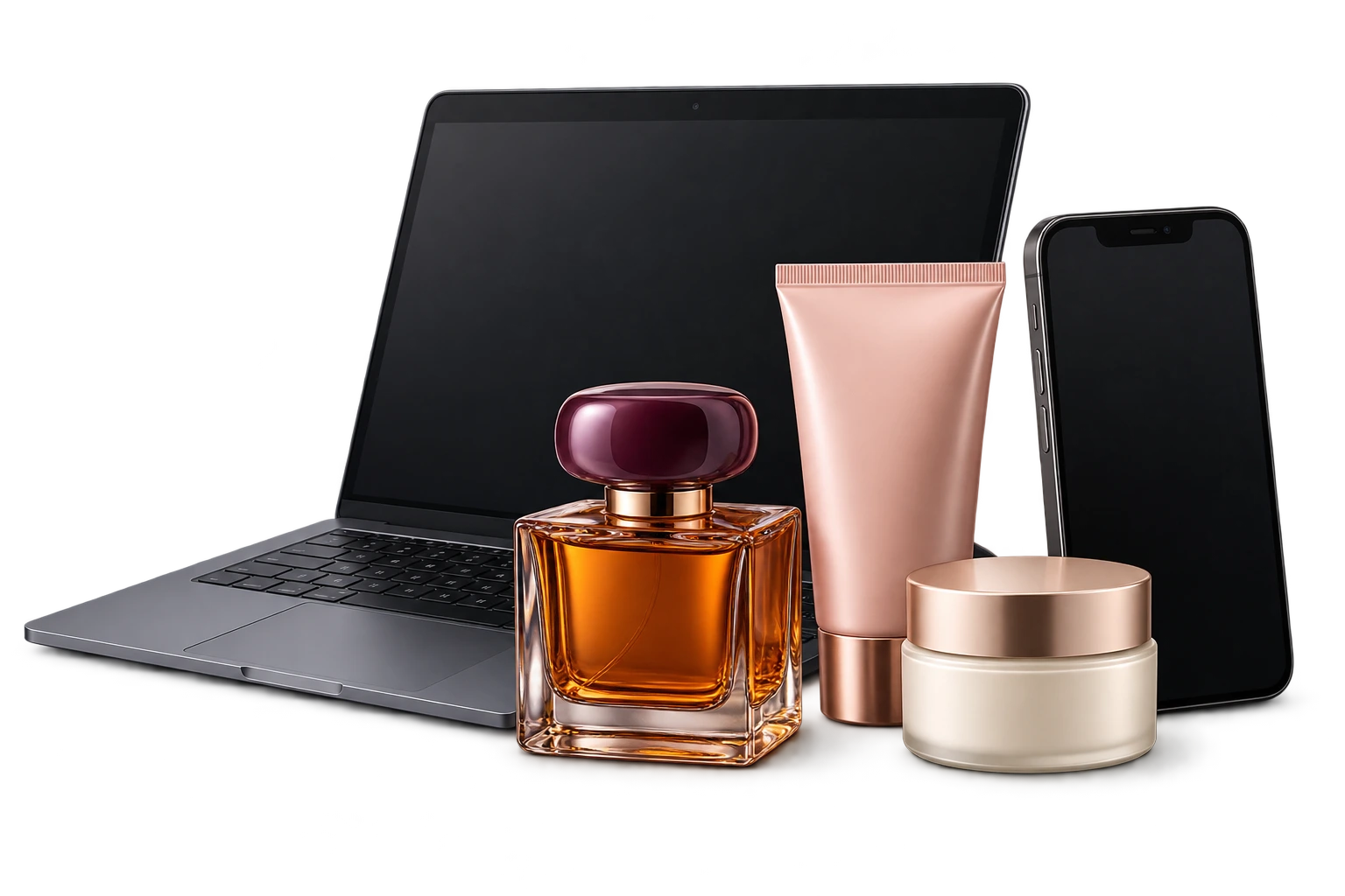 A laptop, phone, fragrance and beauty products
