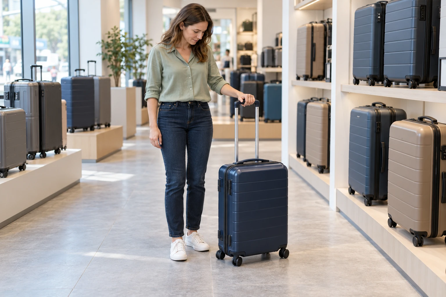 A shopper testing a suitcase handle in a luggage shop