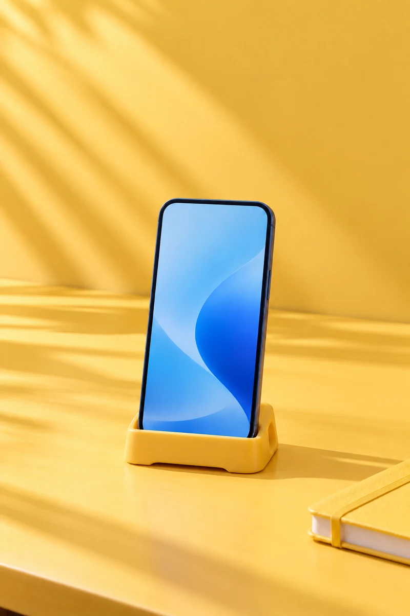 A phone in a yellow desk cradle
