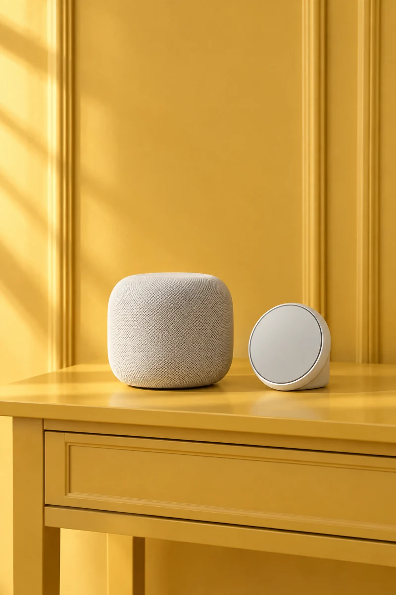 A smart speaker and round smart-home control on a yellow table