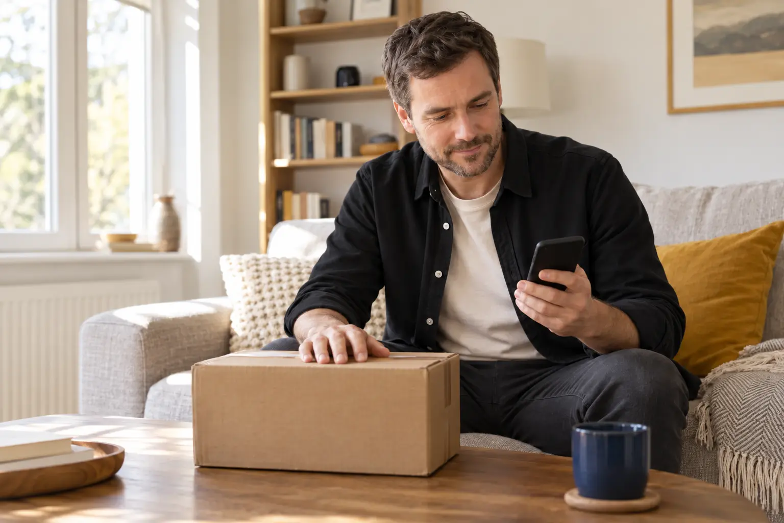 A shopper checking his phone beside a delivered parcel