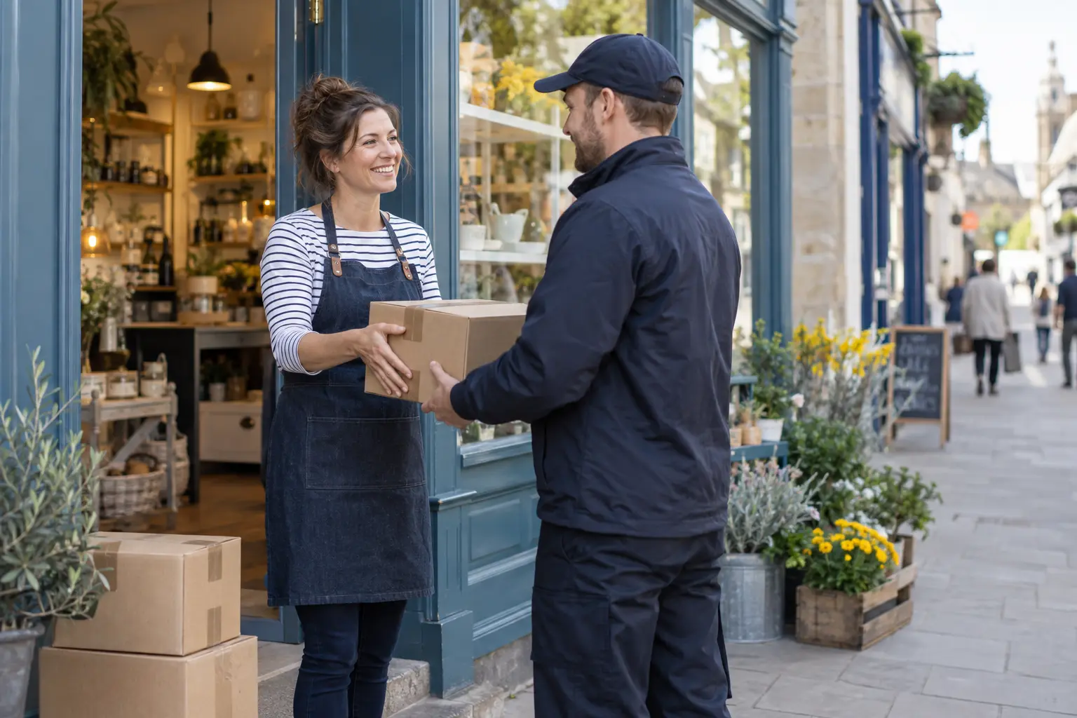 An independent retailer handing a parcel to a courier outside her shop