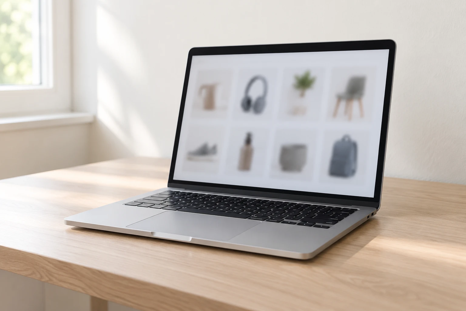An open laptop showing a blurred product grid on a clear desk