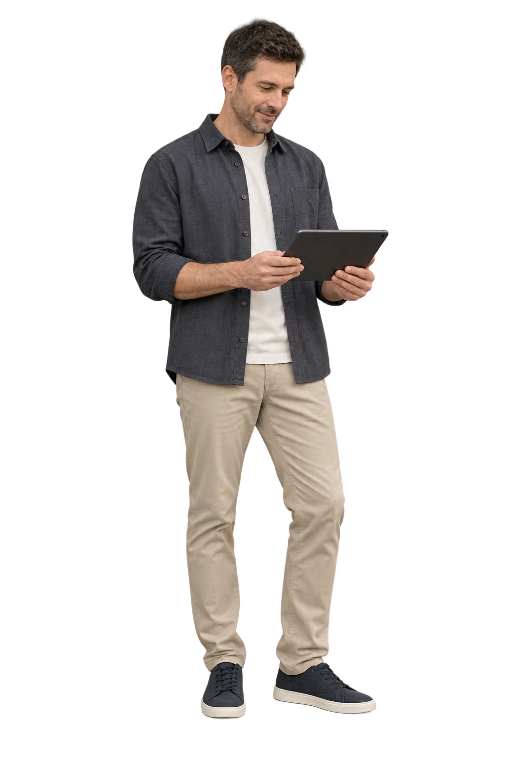 A shopper in a charcoal overshirt reviewing a tablet