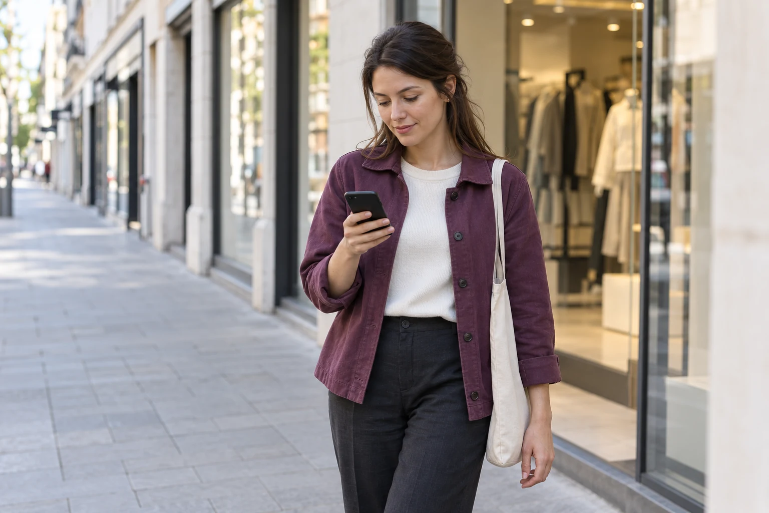 A shopper checking her phone outside high street stores