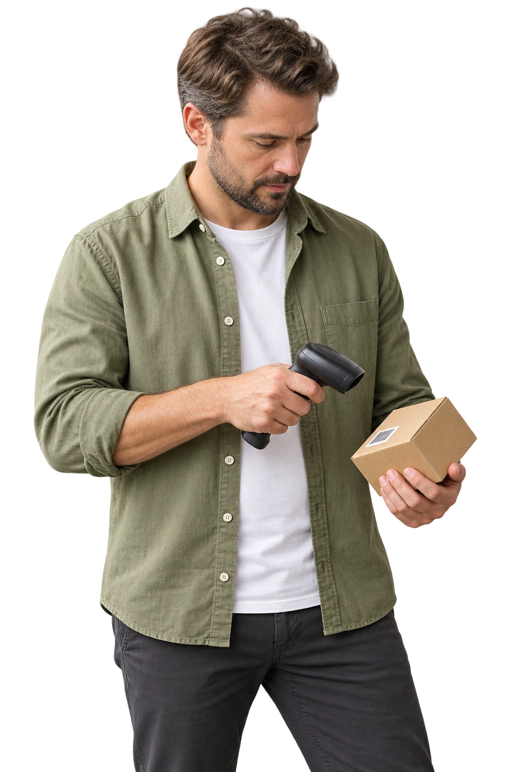 Shopkeeper checking a boxed product with a handheld barcode scanner