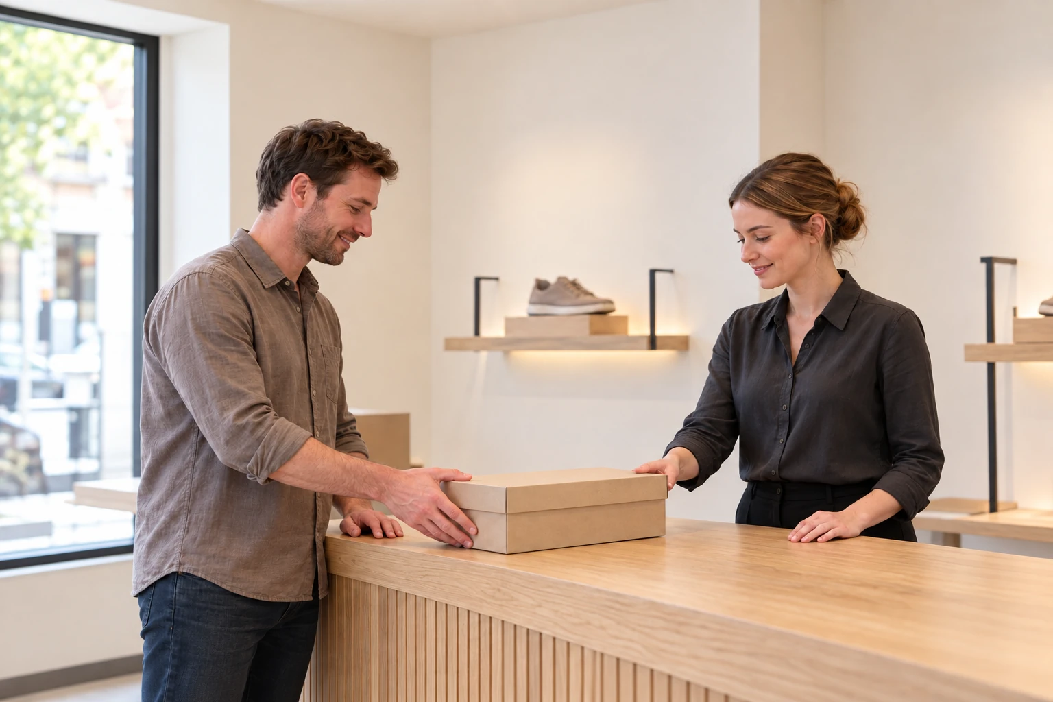 A customer and shop assistant passing a shoebox across a quiet shop counter