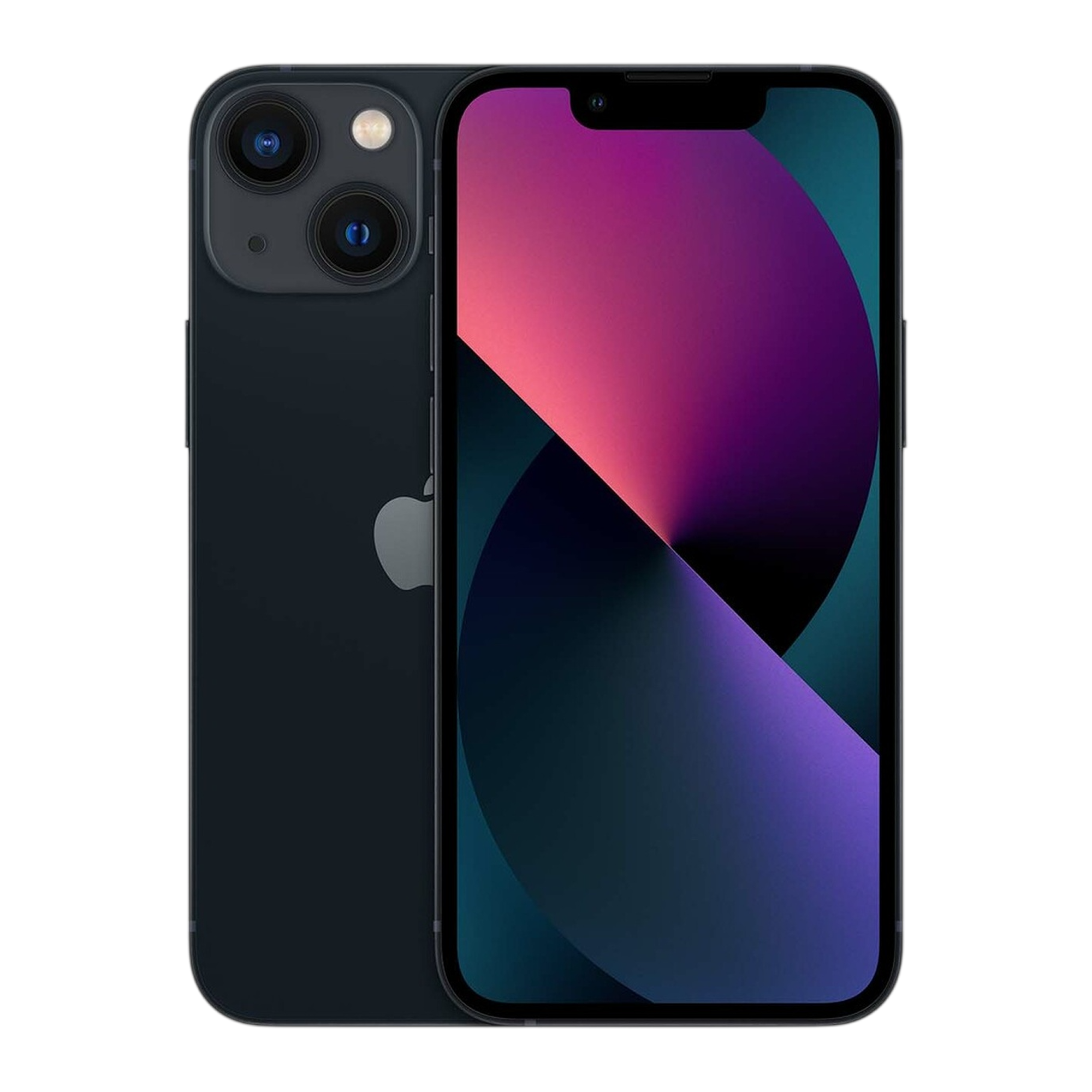 Supplied Apple iPhone 13 mini packshot in Midnight, front and back