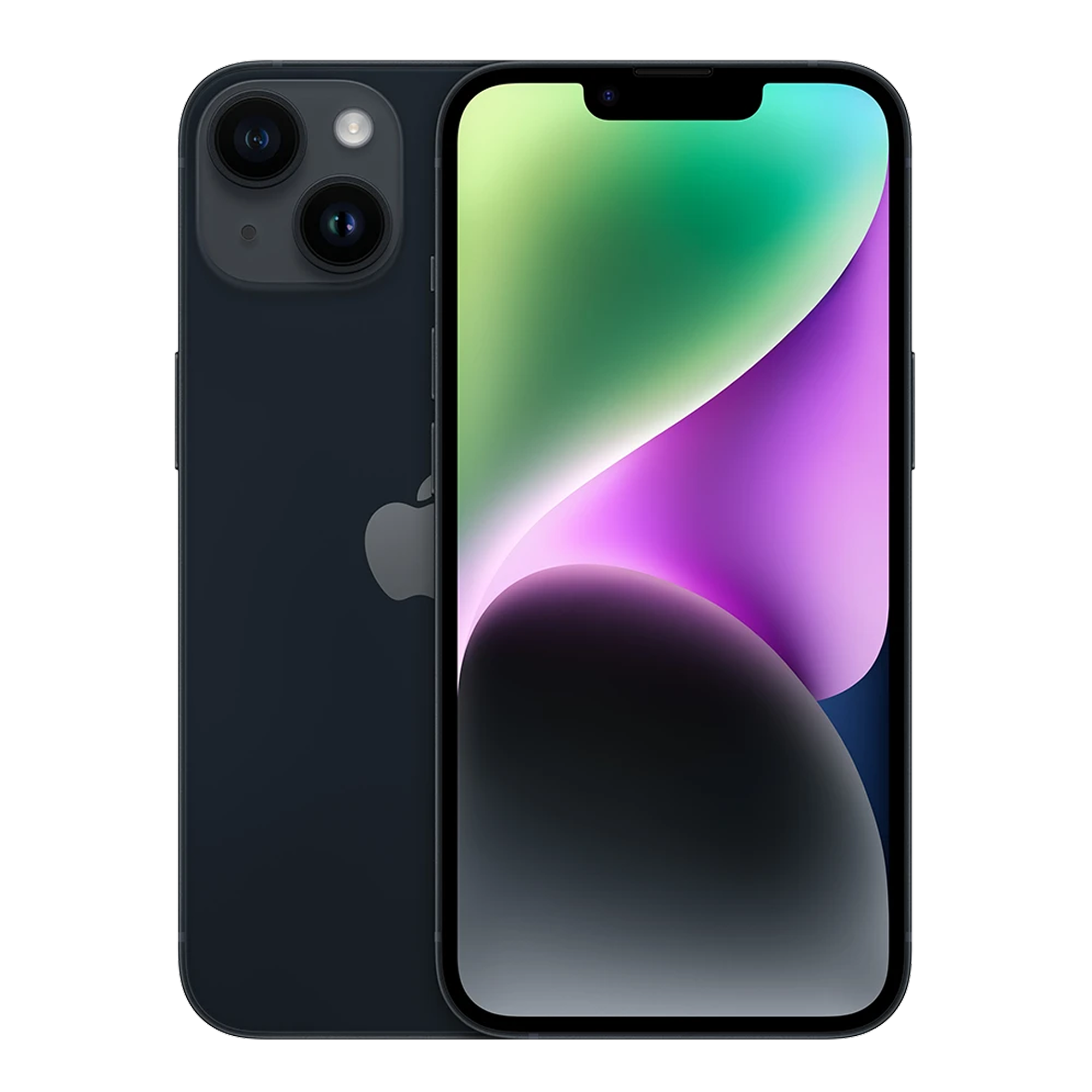 Supplied Apple iPhone 14 packshot in Midnight, front and back