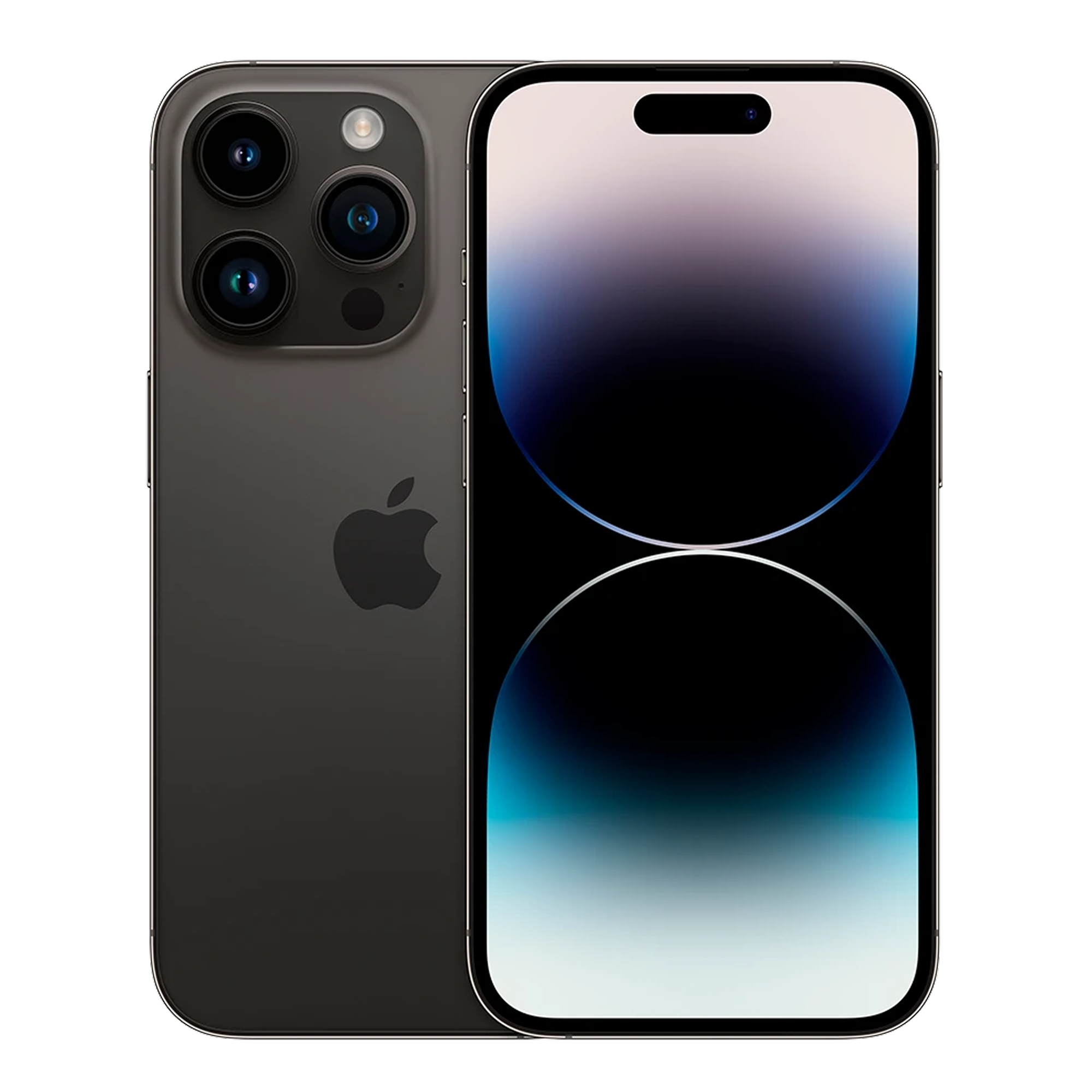 Supplied Apple iPhone 14 Pro packshot in Space Black, front and back