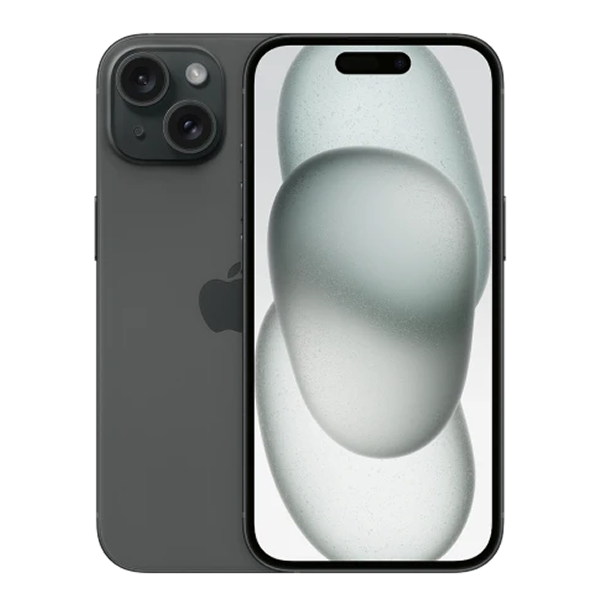 Supplied Apple iPhone 15 packshot in Black, front and back