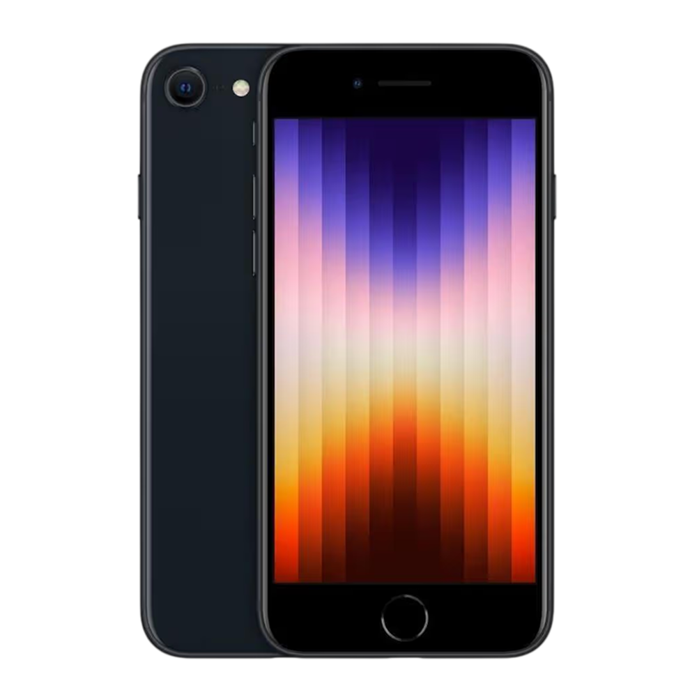Supplied Apple iPhone SE 2022 packshot in Midnight, front and back